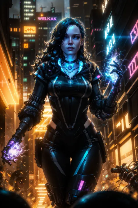 (masterpiece, best quality:1.2), <lora:yennefer-17:0.7>, yenW3_soul3142, 1girl, tshirt, mechanical arms, black hair, choker, science fiction, city, cyberpunk,
