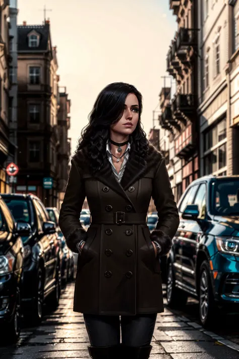 (masterpiece, best quality:1.2), <lora:yennefer-17:0.7>, yenW3_soul3142, 1girl, solo, long hair, black hair, hair over one eye, choker, coat, car, street, city, hand in pocket, city, realistic