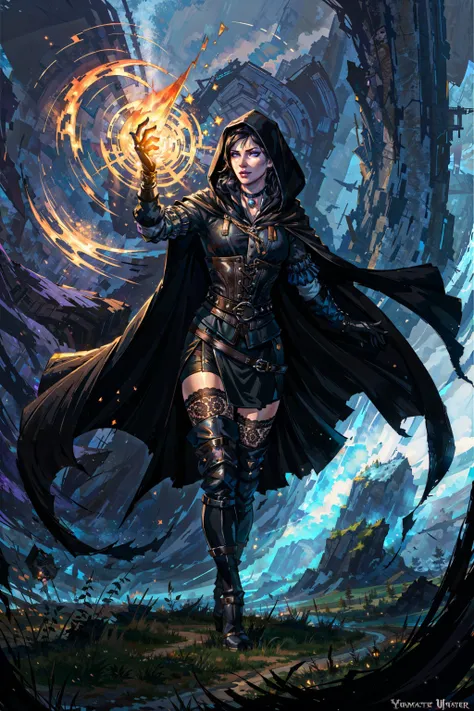 (masterpiece, best quality:1.2),  <lora:yennefer-17:0.7>, yenW3_soul3142, 1girl, solo, purple eyes, black hair, choker, glow, black dress, corset, thighhighs, gloves, boots, hood, cape, glowing, thigh boots, cloak, hood up, magic, (fantasy:1.2),