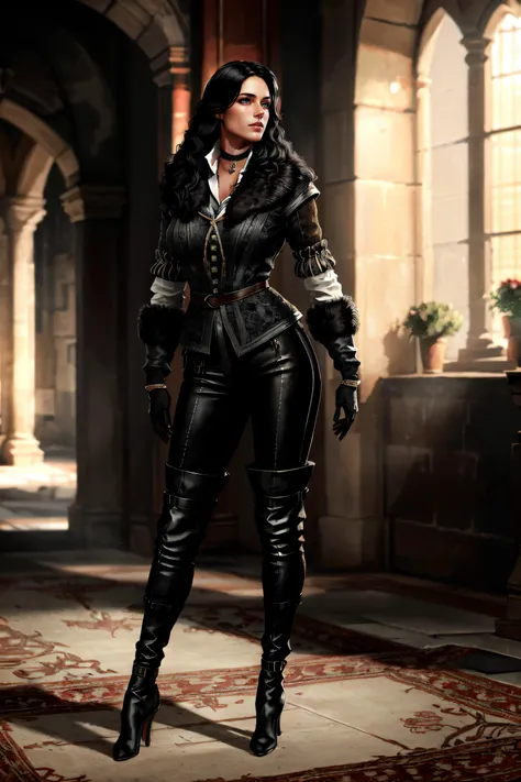 (masterpiece, best quality, ultra detailed, absurdres)1.5, 1girl, (sexy, beautiful woman, perfect face, perfect eyes, perfect female body, large breasts)1.5, (yenw3_soul3142, black jacket, fur-trimmed coat, black gloves, black pants, high heeled boots, choker, long hair, black hair, <lora:yennefer:0.7>), (standing inside a medieval castle), perfect lighting, smooth, hdr