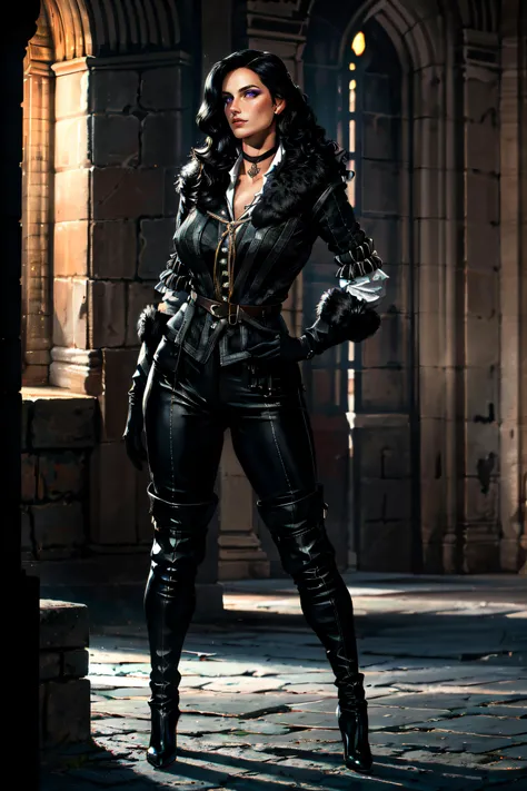 (masterpiece, best quality, ultra detailed, absurdres)1.5, 1girl, (sexy, beautiful woman, perfect face, perfect eyes, perfect female body, large breasts)1.5, (yenw3_soul3142, black jacket, fur-trimmed coat, black gloves, black pants, high heeled boots, choker, long hair, black hair, <lora:yennefer:0.7>), (standing inside a medieval castle), perfect lighting, smooth, hdr