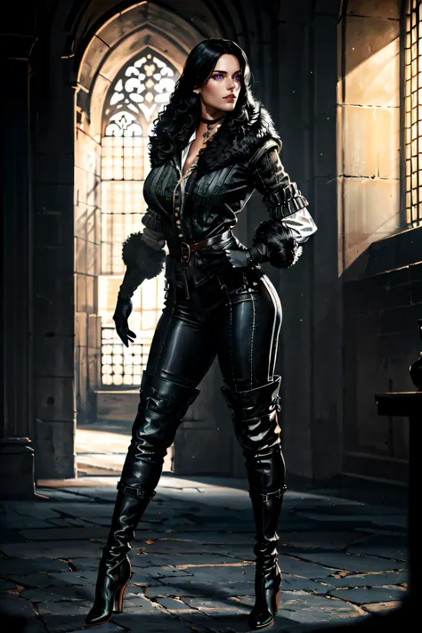 (masterpiece, best quality, ultra detailed, absurdres)1.5, 1girl, (sexy, beautiful woman, perfect face, perfect eyes, perfect female body, large breasts)1.5, (yenw3_soul3142, black jacket, fur-trimmed coat, black gloves, black pants, high heeled boots, choker, long hair, black hair, <lora:yennefer:0.7>), (standing inside a medieval castle), perfect lighting, smooth, hdr