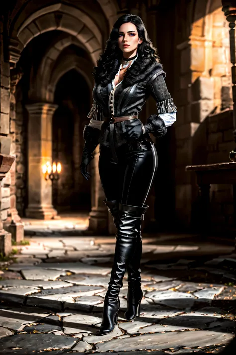 (masterpiece, best quality, ultra detailed, absurdres)1.5, 1girl, (sexy, beautiful woman, perfect face, perfect eyes, perfect female body, large breasts)1.5, (yenw3_soul3142, black jacket, fur-trimmed coat, black gloves, black pants, high heeled boots, choker, long hair, black hair, <lora:yennefer:0.7>), (standing inside a medieval castle), perfect lighting, smooth, hdr