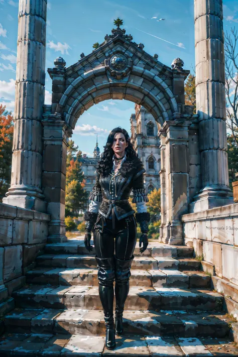 (masterpiece, best quality:1.2),  <lora:yennefer-17:0.7>, yenW3_soul3142, solo, full body, long hair, looking at viewer, black hair, black jacket, fur trim, gloves, long sleeves, standing, outdoors, day, black footwear, tree, black pants, building, scenery, stairs, wide shot, arch, realistic