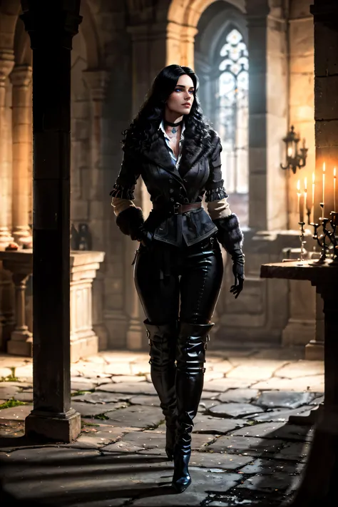 (masterpiece, best quality, ultra detailed, absurdres)1.5, 1girl, (sexy, beautiful woman, perfect face, perfect eyes, perfect female body, large breasts)1.5, (yenw3_soul3142, black jacket, fur-trimmed coat, black gloves, black pants, high heeled boots, choker, long hair, black hair, <lora:yennefer:0.7>), (standing inside a medieval castle), perfect lighting, smooth, hdr