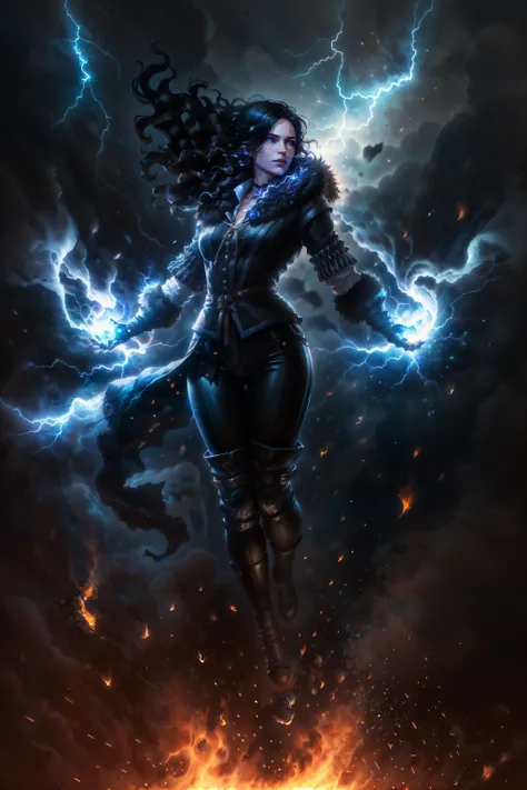 (masterpiece, best quality:1.2), <lora:yennefer-17:0.7>, yenW3_soul3142, 1girl, floating, solo, long hair, black hair, floating hair, black jacket, fur trim, pants, gloves, full body, boots, magic, electricity, thunder, embers, smoke, fantasy, black theme