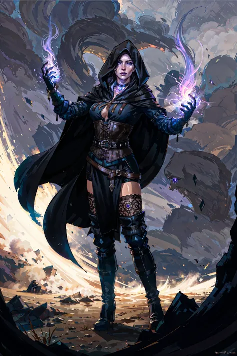 (masterpiece, best quality:1.2),  <lora:yennefer-17:0.7>, yenW3_soul3142, 1girl, solo, purple eyes, black hair, choker, glow, black dress, corset, thighhighs, gloves, boots, hood, cape, glowing, thigh boots, cloak, hood up, magic, fantasy, fire