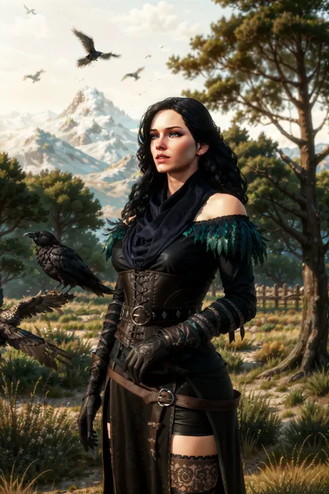 (masterpiece, best quality:1.2), <lora:yennefer-17:0.7>, yenW3_soul3142, 1girl, solo, long hair, black hair, purple eyes, mole under mouth, scarf, black dress, bare shoulders, feathers, corset, thighhighs, gloves, outdoors, belt, tree, bird, grass, nature, realistic, crow