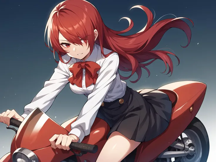 score_9, score_8_up, score_7_up, score_6_up, score_5_up, score_4_up, BREAK, source_cartoon, source_anime,
1girl, solo, <lora:persona3_kirijou_ponyXL:1> kirijodef, red hair, red eyes, hair over one eye, gekkoukan high school uniform, white shirt, long sleeves, red bow, black skirt
rides a motorcycle