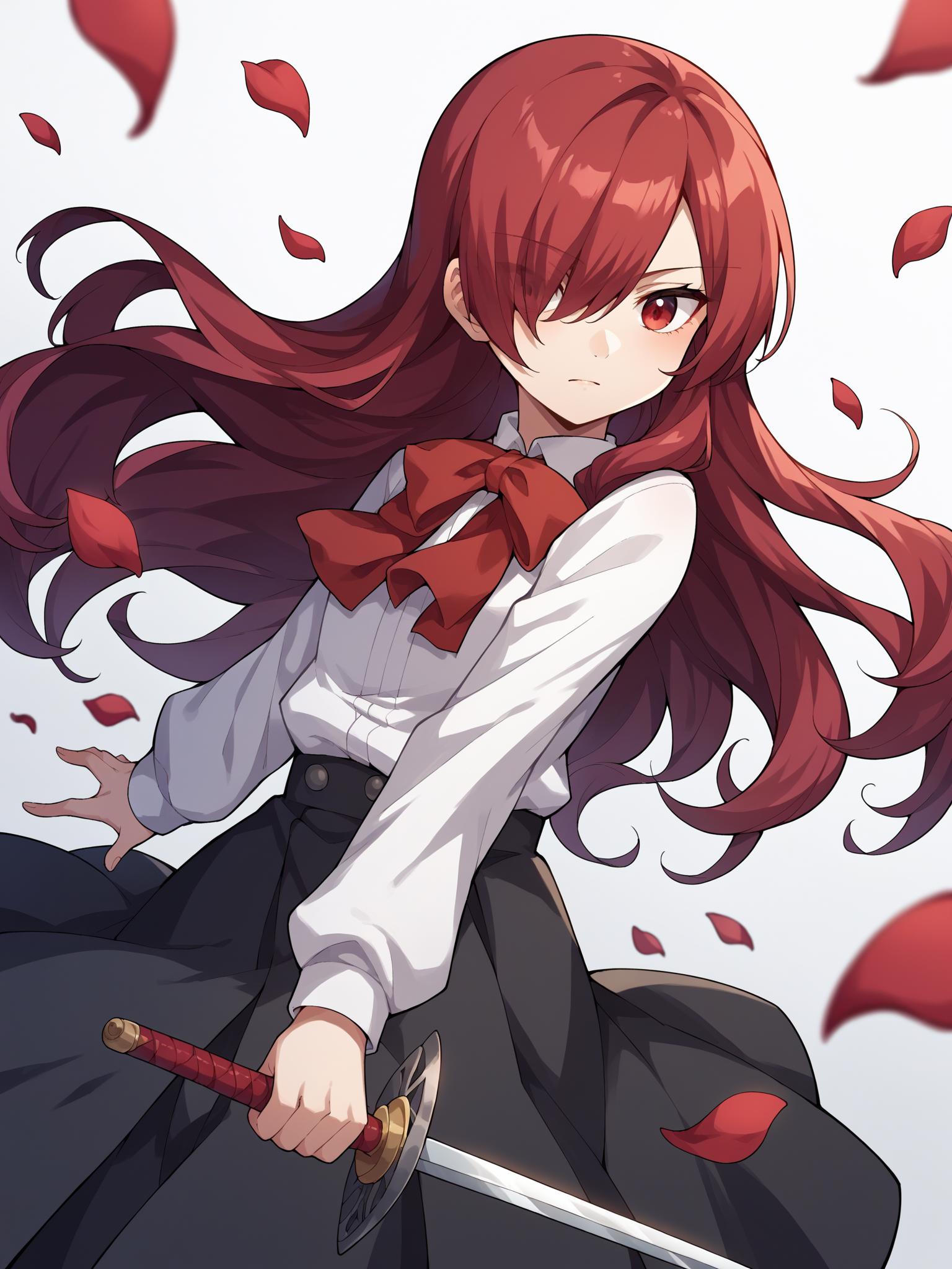 Anime girl with long red hair holding a sword and a red bow - SeaArt AI