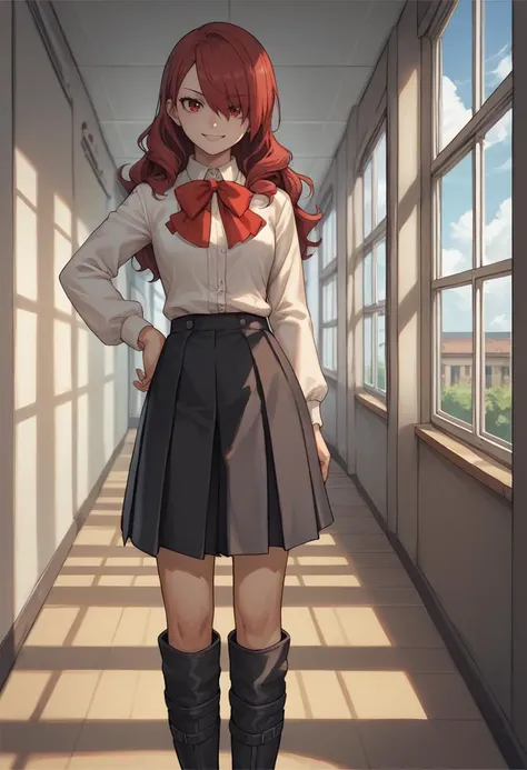 score_9, score_8_up, score_7_up, source_anime, 1girl, smile, hand on hip, <lora:persona3_kirijou_ponyXL:1> kirijodef, hair over one eye, gekkoukan high school uniform, white shirt, long sleeves, red bow, black skirt, knee boots, school hallway, window, sky, cloud