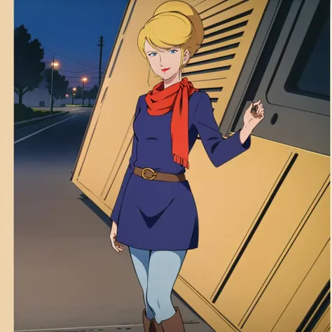 masterpiece,high quality,solo,
<lora:crowleyhamon001:0.7>,looking at viewer,smile,
crowleyhamon,1woman,
hair up,blonde hair,sidelocks,blue eyes,lipstick,
scarf,dress,
belt,pantyhose,
boots,