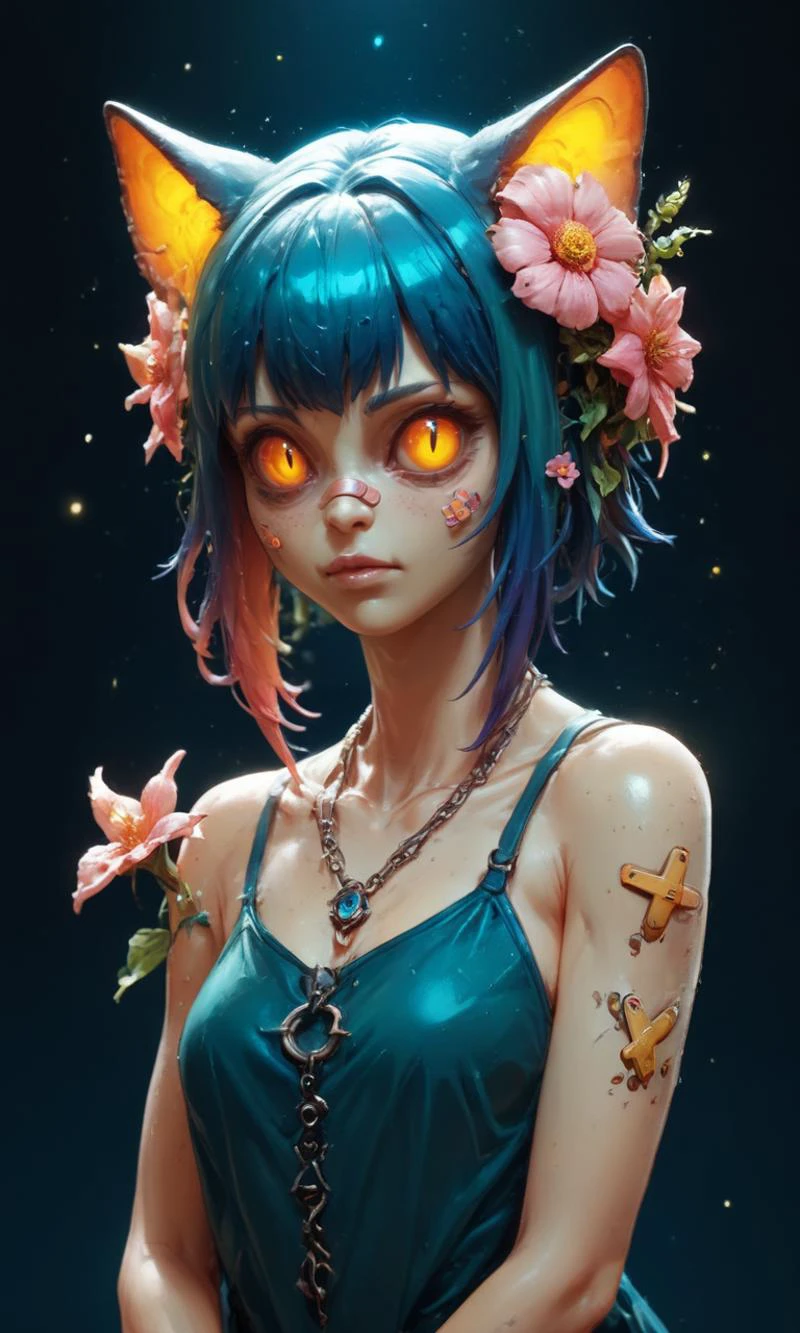 score_9, score_8_up, score_7_up, score_6_up, score_5_up, score_4_up, 1girl, flowers,1girl, colored hair, pastel,animal ears, bandaid, hair ornament transparent, glowing, <lora:artialien:2> artialien