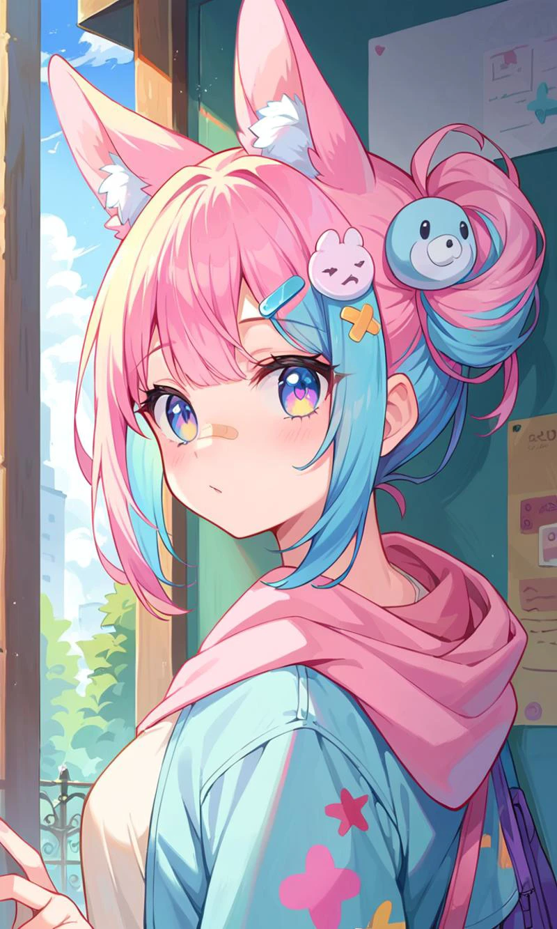 score_9, score_8_up, score_7_up, source_anime, highly detailed, 1girl, colored hair, 1girl, pastel,animal ears, bandaid, hair ornament, high quality, high details, masterpiece,