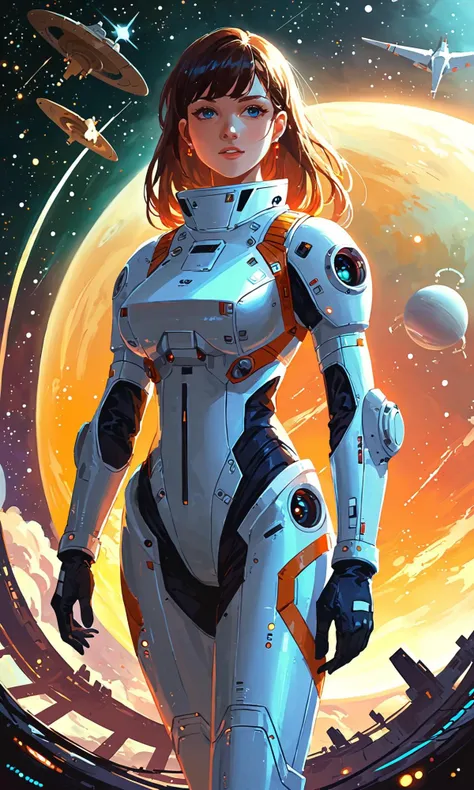 score_9, score_8_up, score_7_up, cinematic lighting, vivid, 1girl, A female space pilot in a sleek, futuristic suit, standing next to her spaceship, cosmos background, masterpiece, absurdres, dynamic, high-resolution, highly detailedÐ±  <lora:MJ52:1>