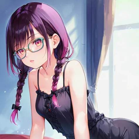 score_9, score_8_up, score_7_up, source_anime, rating_questionable, uncensored, gothic clothing, camisole, miniskirt, twin braids, glasses, gradient hair, magenta hair, frills, <lora:mignoniXLP6lokrV53P1:1>