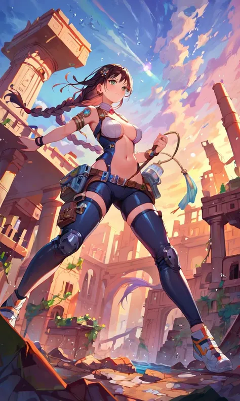 score_9, score_8_up, score_7_up, artistic, vivid, 1girl, A female diver in a sleek suit, exploring an underwater city filled with vibrant marine life and ancient ruins, masterpiece, absurdres,