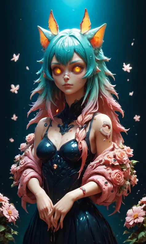 score_9, score_8_up, score_7_up, score_6_up, score_5_up, score_4_up, 1girl, flowers,1girl, colored hair, pastel,animal ears, bandaid, hair ornament transparent, glowing,  <lora:artialien:2> artialien