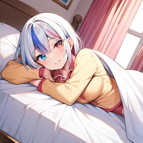 PonyXLV6_Scores,source_anime,rating_safe,1girl,pajamas,shorts,solo,cowboy shot,looking at viewer,on bed,on side,lying,bed invitation,blanket,from side,under covers,curtains,<lora:bedinvitation:1>,multicolored hair,streaked hair,heterochromia,<lora:age_slider_v4:2>,