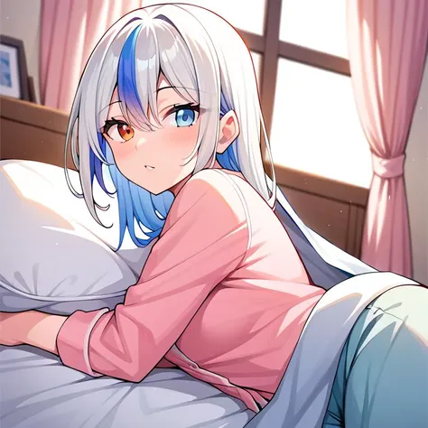 PonyXLV6_Scores,source_anime,rating_safe,1girl,pajamas,shorts,solo,cowboy shot,looking at viewer,on bed,on side,lying,bed invitation,blanket,from side,under covers,curtains,<lora:bedinvitation:1>,multicolored hair,streaked hair,heterochromia,<lora:age_slider_v4:2>,