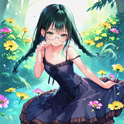 score_9, score_8_up, score_7_up, source_anime, rating_questionable, uncensored, gothic clothing, camisole, flower skirt, twin braids, glasses, gradient hair, darkgreen hair, frills, <lora:mignoniXLP6lokrV53P1:1>