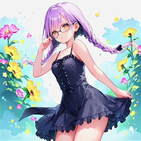 score_9, score_8_up, score_7_up, source_anime, rating_questionable, uncensored, gothic clothing, camisole, flower skirt, twin braids, glasses, gradient hair, lavender hair, frills, <lora:mignoniXLP6lokrV53P1:1>