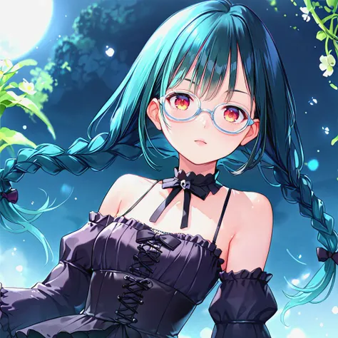 score_9, score_8_up, score_7_up, source_anime, rating_questionable, uncensored, gothic <lora:camisole dress_Pony_V1.0:0.8> dress, bare shoulders, twin braids, glasses, gradient hair, teal hair, frills, <lora:mignoniXLP6lokrV53P1:1>