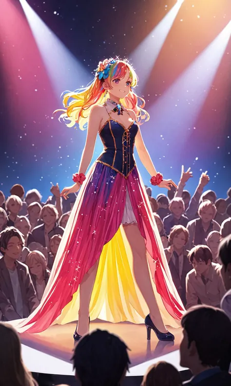 score_9, score_8_up, score_7_up, artistic, cinematic lighting, vivid, 1girl, A sparkling anime idol with colorful hair and an elaborate outfit, performing on stage with a lively crowd, masterpiece, absurdres,