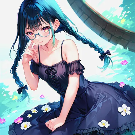 score_9, score_8_up, score_7_up, source_anime, rating_questionable, uncensored, gothic clothing, camisole, flower skirt, twin braids, glasses, gradient hair, teal hair, frills, <lora:mignoniXLP6lokrV53P1:1>
