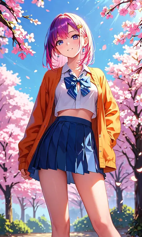 score_9, score_8_up, score_7_up, artistic, cinematic lighting, vivid, 1girl, A cheerful schoolgirl with vibrant hair and a school uniform, standing under cherry blossom trees, masterpiece, absurdres, <lora:MJ52:1>