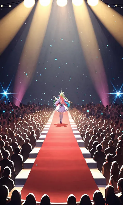 score_9, score_8_up, score_7_up, artistic, cinematic lighting, vivid, 1girl, A sparkling anime idol with colorful hair and an elaborate outfit, performing on stage with a lively crowd, masterpiece, absurdres,