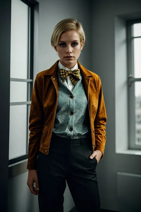 gorgeous intricate high fashion high fashion color raw portrait, (sfw) [1girl:<lora:tw1ggy:0.9> tw1ggy:0.0], short blonde hair, detailed skin, realistic skin, as a cocky playgirl, wearing high fashion  business suit with suede  jacket, dress shirt with bow tie,   trousers, indoor in a spacious high fashion minimalist style loft apartment, night, artificial lighting, moody atmosphere, boldy standing with spread legs, couture, high quality, clothing details, fine fabric, high fashion color raw photo, epic character composition, sharp focus, subsurface scattering, f2, 35mm, film grain