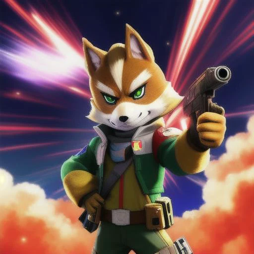 one starfox, anime, hold a gun, full body, fanart, cinematic lighting, HDR, 8K