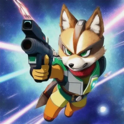 one starfox, anime, draw with pencil, cell shading, hold a raygun, full body, fanart, laser ray, cinematic lighting, HDR, 8K