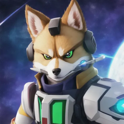 one starfox, realistic, anime style, anime, draw with pencil, cell shading, futuristic visor, hold a little raygun, full body, fanart, laser ray, extremely detailed, cinematic lighting, ray tracing, reflexions, detailed space background, key visual, intricate detail, highly detailed, breathtaking, vibrant, panoramic, cinematic, fine discreet smoke on the back and front of the character, HDR, 8K