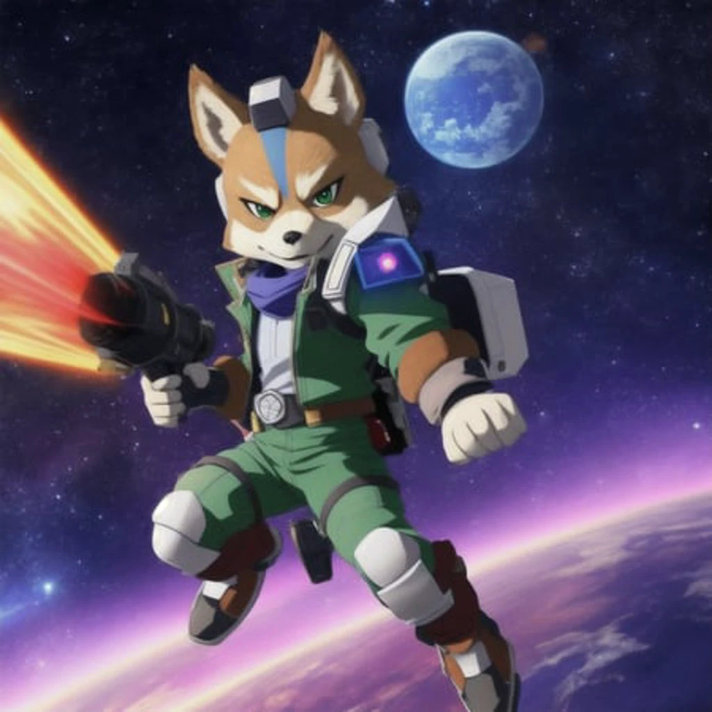 one starfox, anime style, anime, draw with pencil, cell shading, hold a raygun, full body, fanart, laser ray, extremely detailed, cinematic lighting, ray tracing, reflexions, detailed space background, key visual, intricate detail, highly detailed, breathtaking, vibrant, panoramic, cinematic, fine discreet smoke on the back and front of the character, beautiful planete in background, HDR, 8K
