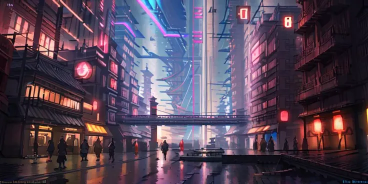 masterpiece,best quality,asterpiece,beautiful,extremely detailed CG unity 8k wallpaper,[Cyberpunk style,City, (neon lights:1.3), Cyberlight:National style,urban planning,buildings,daytime, Clouds,streets,shops,towers,Hui-style architecture <lora:sd-1-5-building-lora3:0.6>:0.8]