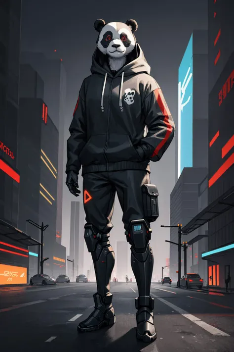 a cyborg chinese (panda:1.1), furry, kemono, anthro, solo, standing, hands in pockets, mechanical boots, mechanical arms, mechanical parts, hoodie, proud, looking afar, detailed face, detailed eyes, rooftop, city below, city lights, BREAK, illustration, cyberpunk, science fiction, (masterpiece, best quality:1.1), intricate details, volumetric lighting, night, starry sky, by zackary911, by garouzuki,
