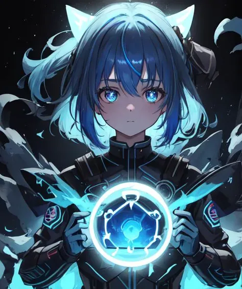 1girl, looking at the viewer, blue hair, glowing hair, beautiful, black background, gardient hair, face focus, HDR, 8k, absurd res, glowing, illuminiscense, fire flies, butter flies, floating in the air