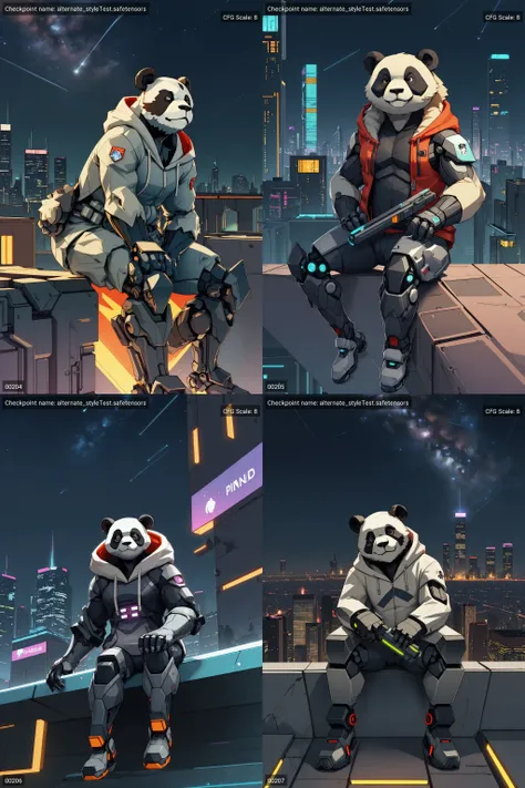 (a cyborg anthropomorphic giant (panda:1.1) male (furry:1.3) is sitting solo on rooftop, He has very fluffy fur on cheek and animal head, mechanical arms and hands, mechanical legs and boots, He wears a short sleeves red hoodie with both proud and serious on his face, His eyes are black and shine and looking afar:1.1), BREAK, city below, backlighting, night, moonlight, starry sky, shooting star, constellation, masterpiece, best quality, realistic, illustration, cyberpunk, science fiction, medium shot, dutch angle