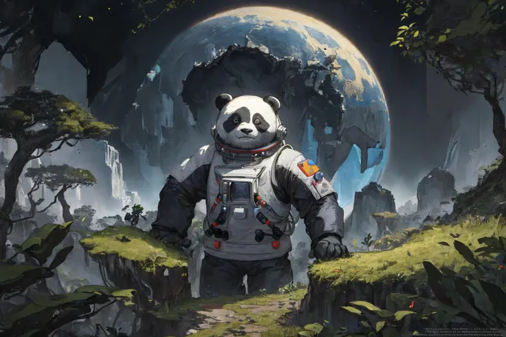 A digital painting of a panda (astronaut:1.1) exploring a mystical jungle filled with exotic creatures and ancient ruins,wearing a sleek (spacesuit:1.1) equipped with advanced technology and weapons. The panda moves with grace and agility,navigating through the thick foliage and steep terrain with ease. In the distance,towering mountains rise up into the starry sky,creating a sense of wonder and mystery. BREAK <lora:spacesuit3:0.7> <lora:ArmorSuit_v01:0.7>,, masterpiece, best quality, intricate details, official wallpaper, volumetric lighting, trending on artstation, 8k highres BREAK