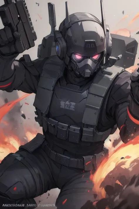 masterpiece, best quality, 8k, highly detailed, BREAK,
closeup, (1980's dark sci-fi anime style), futuristic black ops soldier, aiming an energy rifle in battle, background smoke, combat stance, particles, action scene,