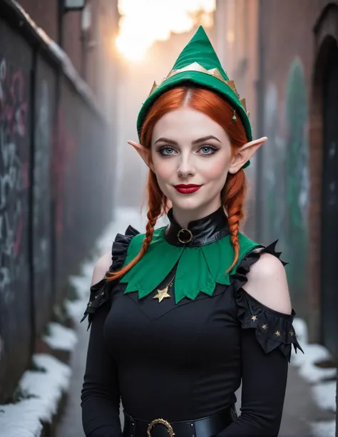 <lora:xmaselfXLv02:1.3> xmaself (dim, low light upper body portrait photo:1.2) of an (adorable wide smile Christmas elf woman, elf ears, wearing black goth holiday elf costume:1.35), (goth choker necklace:1.15), (short auburn ponytail hair:1.1), detailed large round intricate emerald green eyes, (full lips:1.1), (pale skin, nose freckles, detailed skin:1.2) 
BREAK (standing alone a foggy winter alley, graffiti, at sunset, backlit lighting:1.25), 8K UHD RAW photo, Zenza Bronica ETRSi Camera, Æ/1.4, ISO 12500, 35mm lens, (sharp focus:1.2) [photo by Andreas Rocha : photo by Giovanna Garzoni : photo by ralph Mcquarrie:0.33]