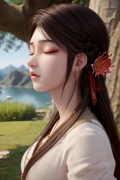 <lora:Huo Ling'er-v3-000001:0.8>,
score_9,score_8_up,score_7_up,beautiful face,beautiful features,<lora:GoodHands-beta2:1>,
solo,masterpiece,highest quality,exquisite details,amazing art,realistic details,pretty face,real skin,8K,RAW,movie lighting,soft light,shallow depth of field,bokeh,dreamy,best quality,intricate detail,
huo ling'er,1girl,sitting,tree,solo,brown hair,outdoors,hair ornament,evening,blue theme,Linen clothes,night,closed eyes,flower,long hair,braid,hair flower,water,grass,log,closed mouth,<lora:give it a name:0.7>,, best quality , masterpiece, illustration, an extremely delicate and beautiful, extremely detailed ,CG,unity,8k wallpaper, Amazing, finely detail, masterpiece, best quality,official art,extremely detailed CG unity 8k wallpaper,absurdres, incredibly absurdres, huge filesize , ultra-detailed, highres, extremely detailed,beautiful detailed girl, extremely detailed eyes and face, beautiful detailed eyes,light on face,