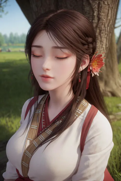 <lora:Huo Ling'er-v3-000001:0.8>,
score_9,score_8_up,score_7_up,beautiful face,beautiful features,<lora:GoodHands-beta2:1>,
solo,masterpiece,highest quality,exquisite details,amazing art,realistic details,pretty face,real skin,8K,RAW,movie lighting,soft light,shallow depth of field,bokeh,dreamy,best quality,intricate detail,
huo ling'er,1girl,sitting,tree,solo,brown hair,outdoors,hair ornament,evening,blue theme,Linen clothes,night,closed eyes,flower,long hair,braid,hair flower,water,grass,log,closed mouth,<lora:give it a name:0.7>,earrings,, best quality , masterpiece, illustration, an extremely delicate and beautiful, extremely detailed ,CG,unity,8k wallpaper, Amazing, finely detail, masterpiece, best quality,official art,extremely detailed CG unity 8k wallpaper,absurdres, incredibly absurdres, huge filesize , ultra-detailed, highres, extremely detailed,beautiful detailed girl, extremely detailed eyes and face, beautiful detailed eyes,light on face,