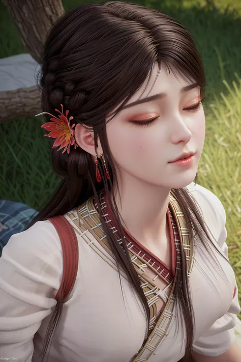 <lora:Huo Ling'er-v3-000001:0.8>,
score_9,score_8_up,score_7_up,beautiful face,beautiful features,<lora:GoodHands-beta2:1>,
solo,masterpiece,highest quality,exquisite details,amazing art,realistic details,pretty face,real skin,8K,RAW, lighting,soft light,shallow depth of field,bokeh,dreamy,best quality,intricate detail,
huo ling'er,1girl,sitting,tree,solo,brown hair,outdoors,hair ornament,evening,blue theme,Linen clothes,night,closed eyes,flower,long hair,braid,hair flower,water,grass,log,closed mouth,<lora:give it a name:0.7>,earrings,, best quality , masterpiece, illustration, an extremely delicate and beautiful, extremely detailed ,CG,unity,8k wallpaper, Amazing, finely detail, masterpiece, best quality,official art,extremely detailed CG unity 8k wallpaper,absurdres, incredibly absurdres, huge filesize , ultra-detailed, highres, extremely detailed,beautiful detailed girl, extremely detailed eyes and face, beautiful detailed eyes,light on face,