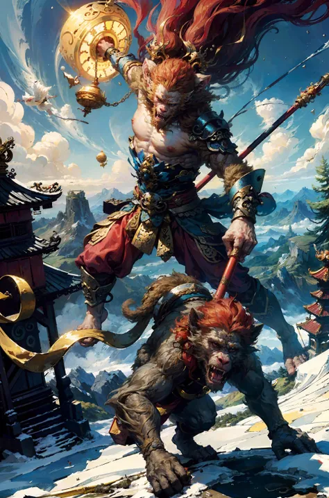 (highres:1.4),official art, unity 8k wallpaper, ultra detailed, beautiful and aesthetic, masterpiece, best quality, realistic, (fractal art), epic scene, highres, (masterpiece), (best quality), pov from above, Sun Wukong, ([golden:red]:0.4) fur, ([heavy Chinese armor:red cape]:0.4), (one hand holding the Golden Cudgel:1.2), ([monkey king|Sun Wukong]) stomp on ground ready to fly to the top of an ancient Chinese temple ready to battle, tall ancient Chinese temple, night, night sky, (cracked ground:1.2), feet on ground, monkey walking on ground, snow and cloud on the horizon, 
flying,<lora:zhongfenghuaxiyou-000018:0.6>