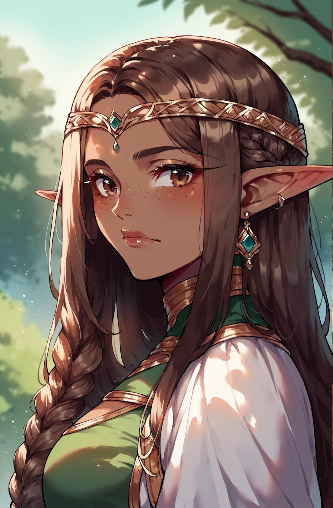 score_9,score_8_up,score_7_up,score_6_up,score_5_up,score_4_up 1girl,solo,long hair,looking at viewer,brown hair,brown eyes,jewelry,very long hair,closed mouth,upper body,braid,earrings,outdoors,pointy ears,dark skin,blurry,dark-skinned female,lips,blurry background,elf,freckles,circlet <lora:thiccwithaq-artist-richy-v1_pdxl:0.8>