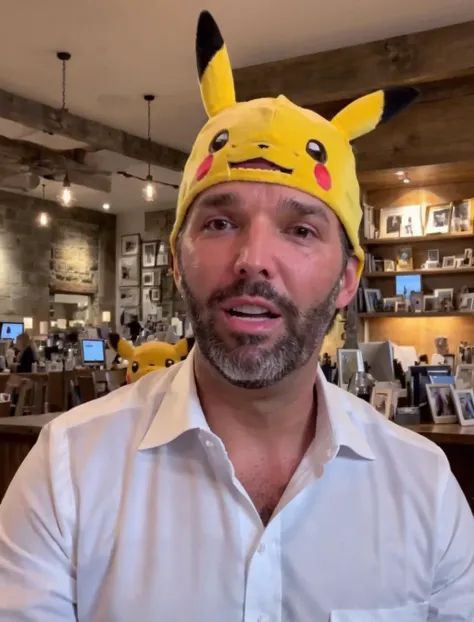 donjr person, ((dressed up in a pikachu costume)) trying to talk to women at Coffee shops <lora:Donald Trump Jr. -(Trigger is Donjr Person):1>