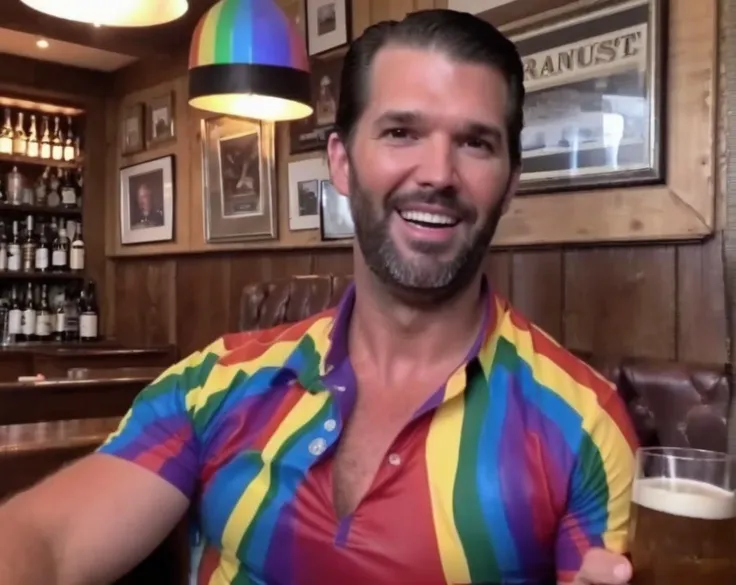 <lora:Donald Trump Jr. -(Trigger is Donjr Person):.8>donjr person (wearing tight leather rainbow colored shirt:3) drinking Guinness at bar in Ireland.